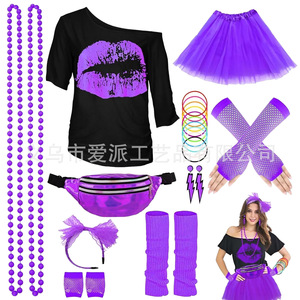 Ensemble de costume rétro des années 1980 pour bal de promo, T-shirt imprimé lèvres, jupe tutu rose, accessoires, tenue de fête épaules dénudées, déguisement pour femme - Product Image 2