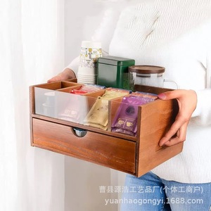 Wooden Double Layered Compartmentalized Desk Organizer With <b>Drawer</b> For Tea Coffee <b>Storage</b> Rectangle Solid Color Office Organizer - Product Image 1