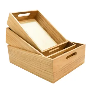 Nesting Wood Crates With Handles Set Of 3 - Farmhouse Decor Wooden Storage Containers/Portable Rolling Tray Basket/Crates