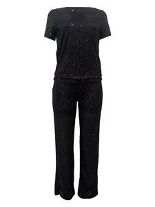 批发高品质时尚短袖上衣2件套绣花亮片两件套裤子套装女 - Product Image 2