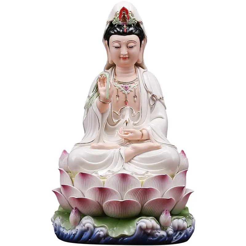Estatua de Buda de Guanyin pintada en cerámica, Bodhisattva sentado sobre ondas de agua de loto