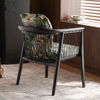 Chaise de salle à manger italienne moderne, fauteuil lounge, chaise de salon pour hôtel et maison, structure en bois, corde tressée, cuir noir