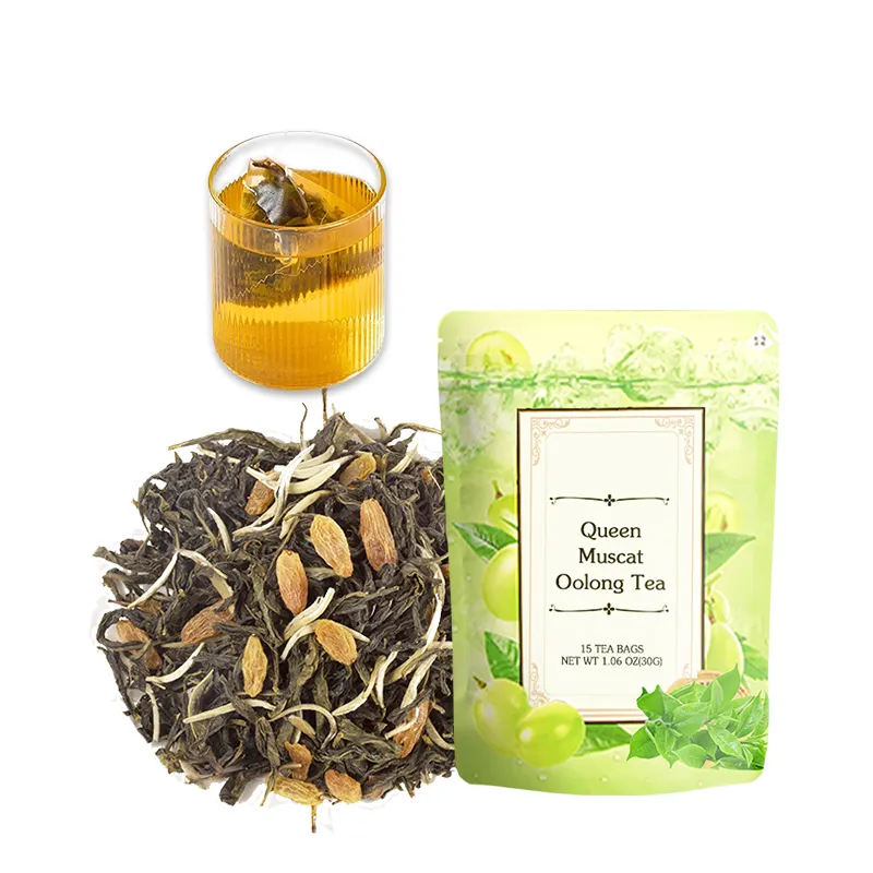 Té de vientre plano mezclado orgánico de etiqueta privada, Té Queen Muscat Oolong y té de frutas con flores, fruta saludable