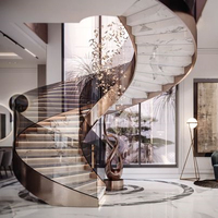 Escalier d'entrée large en duplex, intérieur, contemporain, durable, en bois et en acier inoxydable incurvé