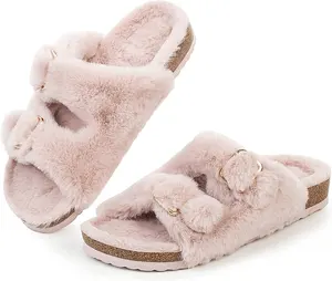 Nicecin Women Open Toe Slipper with Cozy Lining Faux Rabbit Fur Cork Slide Sandals For Indoor Fuzzy Slipper slide shoes