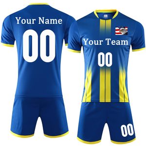เสื้อฟุตบอลสีน้ำเงินเหลืองแบบกำหนดเองสำหรับผู้ชาย แขนสั้น ระบายอากาศได้ดี พร้อมชื่อทีมและหมายเลข - Product Image 1