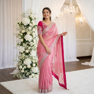 AARA Fashion Saree en soie rose avec bordure brodée et chemisier, tenue de mariage pour femme, robe de mariée indienne traditionnelle, protection solaire - Product Image 1