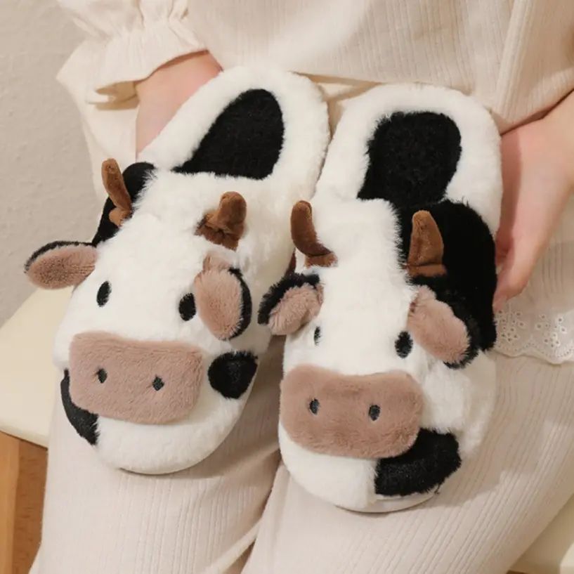 Cartoon Koe Slippers Schattige Mooie Winter Indoor Outdoor Fuzzy Pluche Katoenen Slippers Schattig Meisje Winter Warme Pluche Schoenen Thuis