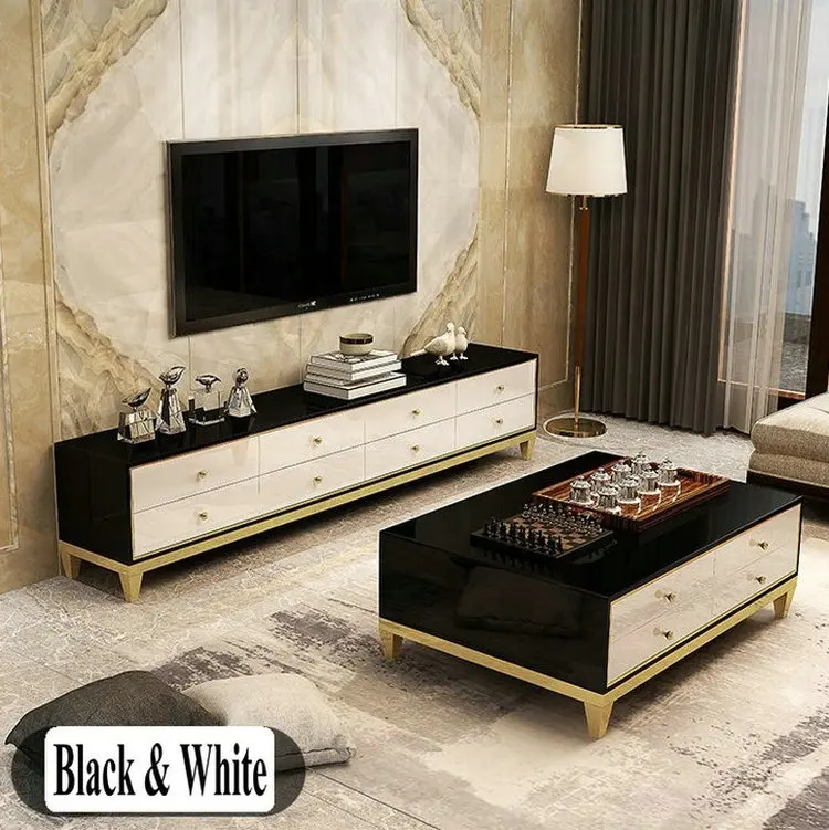 Siyah beyaz yaratıcı İskandinav ekonomik lüks oturma odası mobilya temperli cam kapak büyük depolama sehpa seti