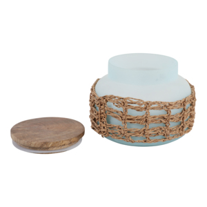 Candela in barattolo di vetro con coperchio in legno e rivestimento in tessuto decorativo per uso domestico interno - Product Image 2