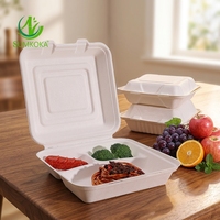 SUMKOKA Boîte à lunch en bagasse de canne à sucre biodégradable à 3 compartiments, sans PFAS, compatible micro-ondes, type clamshell, vente chaude