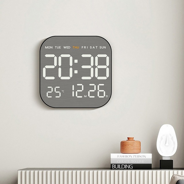 Huayang Metal Brushed LED Wall Clock Full Info Display Time Date Temperature with Adjustable Brightness Modern Digital Clock