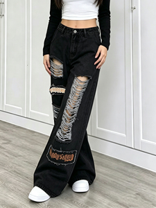 Women High Waist <strong>Black</strong> Washed Ripped <strong>Wide</strong> <strong>Leg</strong> Jeans Gothic Letter Patch Distressed Fringe Denim <strong>Trousers</strong> - Product Image 2