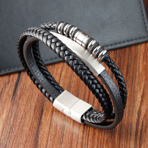 Men's Braided <b>Leather</b> <b>Bracelet</b> with 18K PVD Gold Plated Stainless Steel bar & Magnetic Clasp | Stylish Wristband for Casual Wear - Product Image 4