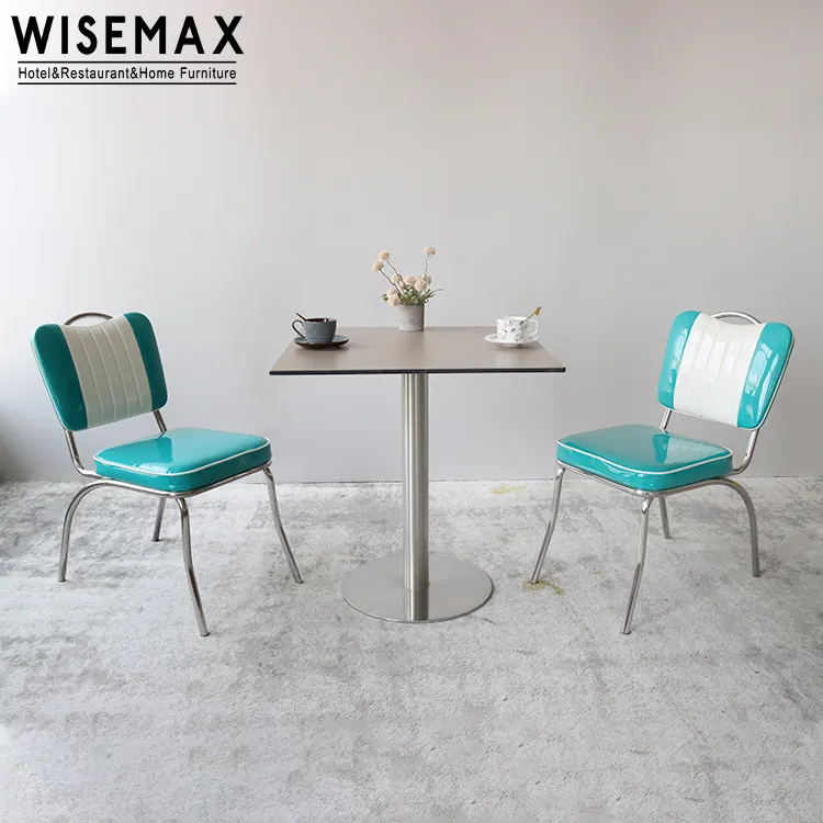WISEMAX الأثاث الأمريكية 1950 الرجعية كرسي طعام مصنوع من الجلد الوجبات السريعة مطعم مسند الظهر كرسي الفولاذ المقاوم للصدأ