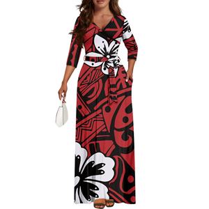 Abito da donna <span class=keywords><strong>rosso</strong></span> con stampa a fiori bianchi abiti taglie forti abito da <span class=keywords><strong>sera</strong></span> formale Puletasi hawaiana stile isola Maxi abito da <span class=keywords><strong>sera</strong></span> - Product Image 1