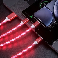 Kabel Pengisian Cepat Silikon 3-in-1 Multi-Head untuk Pengisian Daya Ponsel, 3 Perangkat Secara Bersamaan dengan Efek Cahaya LED