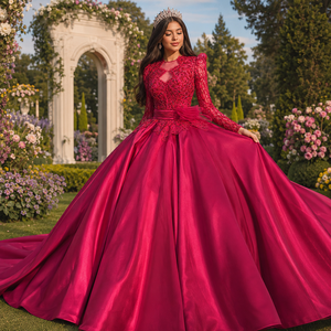 Vestido de Quinceañera Rojo Elegante Mc033 con Cuello Ilusión, Encaje con Cuentas, Mangas Largas, Cintura Plisada, Falda de Satén y Espalda con Cordones Jancember - Product Image 1