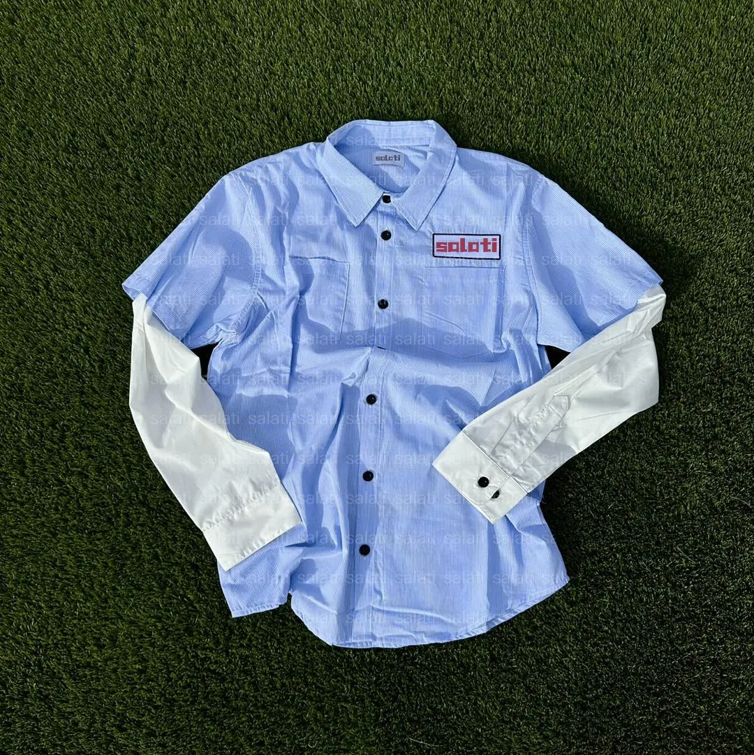 Custom Stripe Boxy Oversized Button Down Up Bordado de manga larga Camisetas térmicas de doble capa Camisetas Vestido DE TRABAJO Camisas Hombres