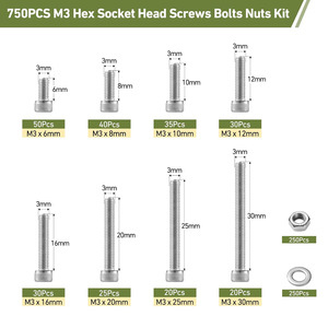 M3 Hex Socket Head Screw Kit 750Pcs Stainless Steel With Nuts Washers And Hex Key For Cross-border Use - Product Image 3