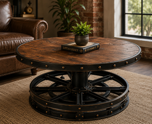 Table basse industrielle avec plateau rond en bois, design rustique automobile, pour salon, salle de séjour, man cave et décoration de garage - Product Image 2