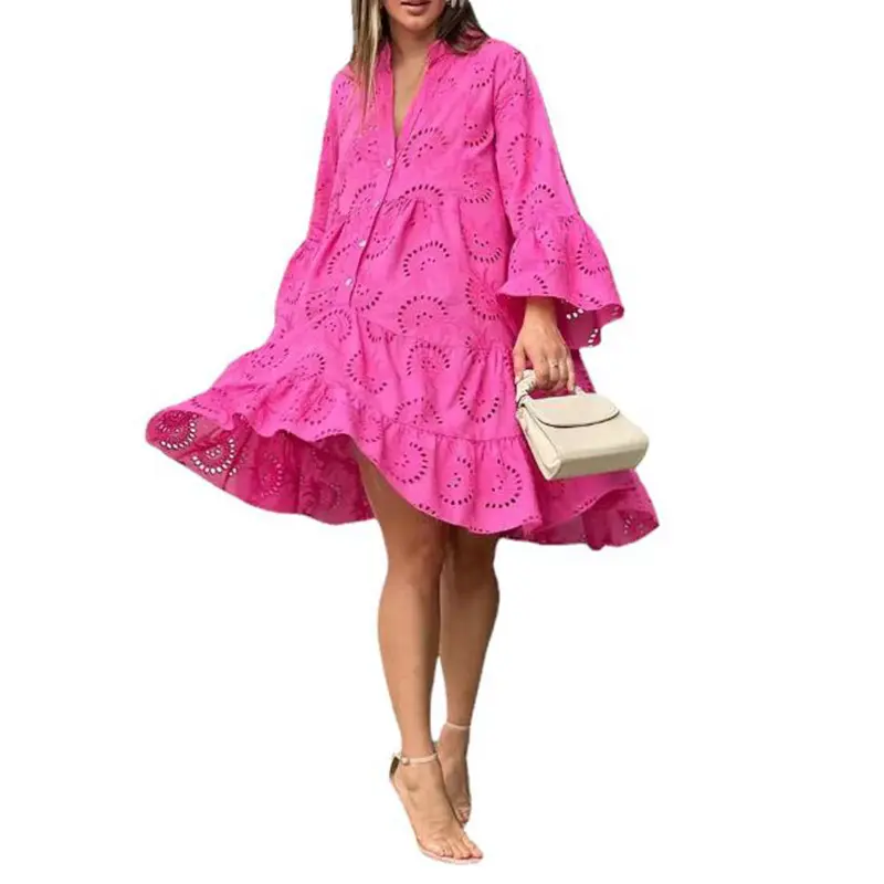 Summer Loose Vintage Solid Color Lace Dress Fashion V-Neck Flare Sleeve Embroidery Dress Women New Hollow Out Pattern Mini Dress