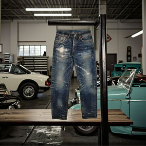 لوتفيل عالية الجودة خمر الرجال الحذاء قطع السراويل العلامة الخاصة فضفاضة تناسب Selvedge الدينيم دمرت زر الطباعة المتعثرة - Product Image 5