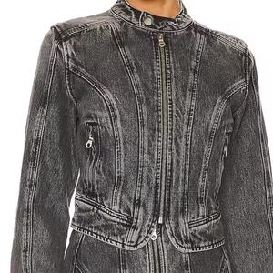 Nuevo Diseño Conjunto de Jeans de Mezclilla de Alta Calidad para Mujer, Chaqueta Corta Sexy con Cremallera, Falda en Línea A, Jeans de Mezclilla Deslavados con Efecto Ácido, Traje de Jeans para Mujer - Product Image 4