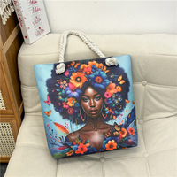 Sacs Fourre-Tout en Toile avec Logo Personnalisé, Impression d'Art Fille Noire Africaine Dessin Animé Amusant, Sacs à Main Portables Épaule pour Femmes, Vente en Gros pour l'Été
