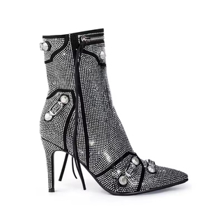 Bottes Stiletto à Talons Hauts pour Femmes Luxe Personnalisé Usine Strass Scintillant Faux Daim Boucle Cloutée Sangle Bout Pointu - Product Image 2
