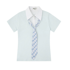 Polo de Manga Corta Azul Claro para Mujer con Corbata a Cuadros, Estilo Preppy, Color Sólido, Largo Regular, Tela Popelina Transpirable - Product Image 3
