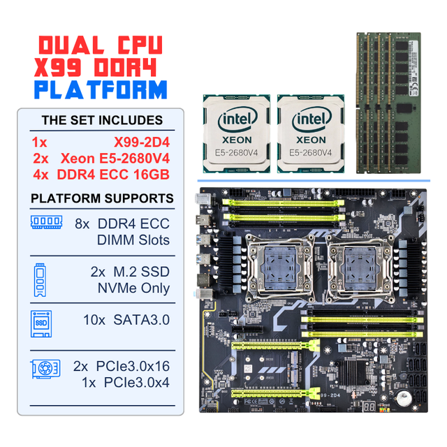 NEW X99-2D4 Mainboard Desktop Pc Kit Set with Dual Intel Xeon E5 2680 V4 Combo 4x 16gb DDR4 RDIMM NVME X99 Motherboard Dual CPU