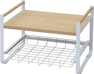 Kitchen Pantry Storage Cabinet Shelf Countertop Organizer Metal And Wood Top Shelf Rack With Drawer Basket