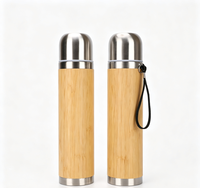 Botol minum vakum berdinding ganda stainless steel 450ml dengan cangkang bambu, terisolasi, portabel, termos travel dengan tali gantungan