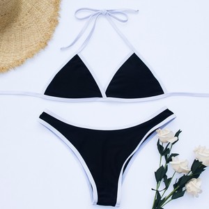 Ensemble de bikini trois pièces pour femme, haut croisé à nouer, bas string, grande taille, bordure contrastante, maillot de bain en fibre de polyester - Product Image 5