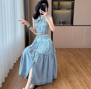 Vestido maxi vaquero sin mangas de alta gama para mujer con cuello con muescas y botones metálicos, vestido elegante - Product Image 3