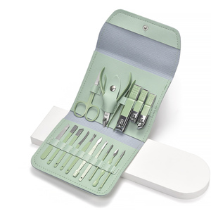 Kit de manucure et pédicure 16 en 1, vert clair, en acier au carbone, ensemble de soins des ongles avec étui en cuir PU, coupe-ongles, outil de toilettage pour les voyages - Product Image 1