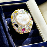 Bague élégante pour femme, style cœur, perle d'eau douce incrustée, pierres de couleur tourmaline, alliage, bague réglable, cadeau de la Saint-Valentin