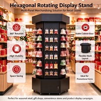 Présentoir rotatif à 360 degrés avec panneau perforé, support hexagonal autoportant avec armoire de rangement verrouillable et roulettes