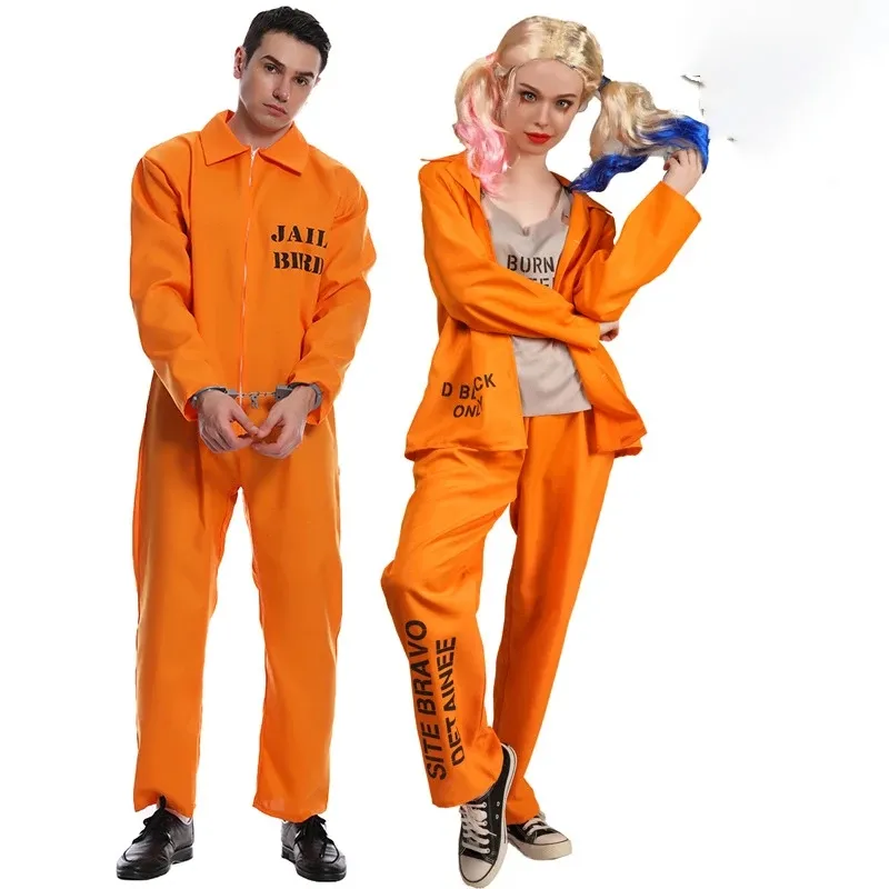 2024 karnaval uniseks Cosplay tawanan oranye Set Onesie pasangan kostum pesta lucu untuk dewasa uicide Squad Harley-Quinn