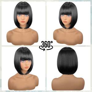 Perruque <span class=keywords><strong>courte</strong></span> de 10 pouces avec <span class=keywords><strong>frange</strong></span>, fibre haute température, aspect naturel, synthétique, dentelle frontale pré-coupée, sans colle - Product Image 5