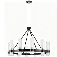 Lustre moderne noir en forme de roue de chariot, 12 lumières, hauteur réglable, suspension LED, abat-jour en verre dépoli cylindrique, en métal pour plafond