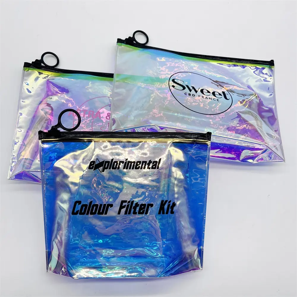 Özel Logo baskılı holografik Film kozmetik ekran ambalaj poşetleri lazer şeffaf Pvc fermuarlı çanta plastik fermuar kilitli çanta