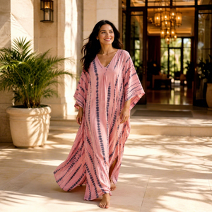 Robe longue maxi bohème tie-dye à col en V pour femme, 100 % coton, coupe moderne, taille naturelle, écologique, pour soirée, 3XL - Product Image 1