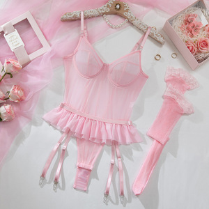 Body de lencería de malla transparente para <span class=keywords><strong>mujer</strong></span>, sexy, rosa, con aros, push-up, encaje blanco, volantes, liguero, de una pieza - Product Image 5