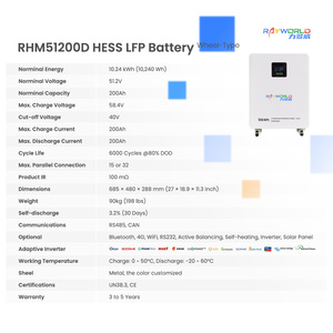 Batterie de stockage d'énergie rechargeable Rayworld 10 kWh 51,2 V 200 Ah LiFePO4 Lithium-Ion (type roue) compatible avec le réseau hybride - Product Image 2