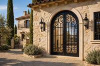 Porte d'entrée double en fer forgé cintrée LINCAI avec panneaux de verre à motifs pour villas et manoirs de luxe