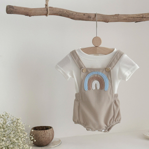 Venta al por mayor personalizado verano nuevo bebé conjunto <span class=keywords><strong>0</strong></span>-18 <span class=keywords><strong>meses</strong></span> Color sólido camiseta + Arco Iris mono <span class=keywords><strong>de</strong></span> una pieza bolsa pedo chaqueta - Product Image 5