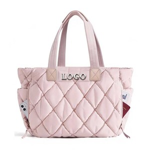 Custom Logo Woman <strong>Bag</strong> Pink Puffy Tote <strong>Bag</strong> Light Weight Laptop Compartments Handle Handbags Travel Beach Zipped Tote Quilted <strong>Bag</strong> - Product Image 1