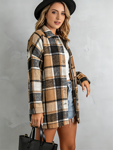 SWEET BABE Chaqueta camisera a cuadros marrón oliva de talla grande para mujer - Abrigo informal de manga larga con botones y solapa, corte holgado - Product Image 2